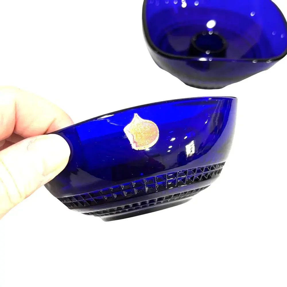 Cobalt blue Scandinavia Sweden Glass bowl candle holders pair AB Nybro Glasbruk